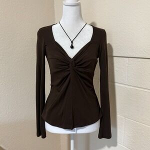 Kanji Women's Top Size M Brown V-Neck Long Sleeves Flyaway Babydoll Romantic Y2K